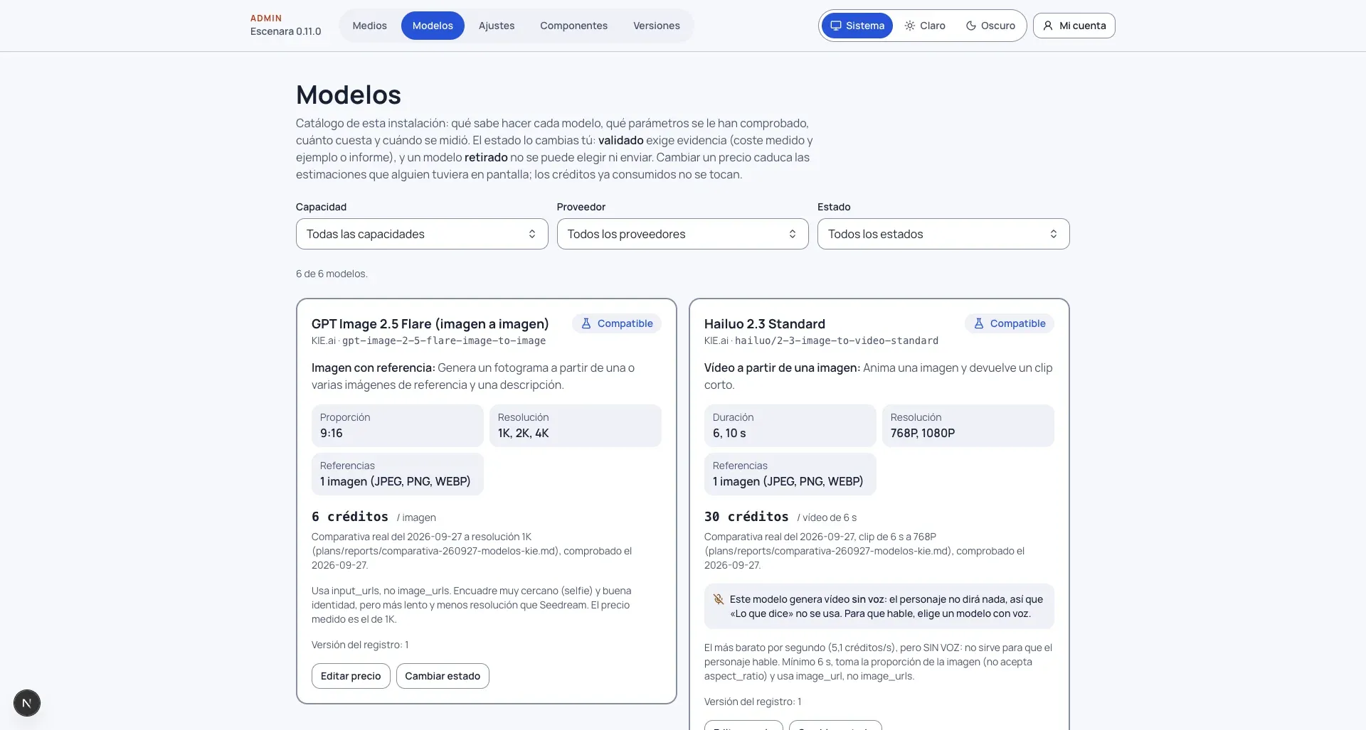 Admin › Modelos con los filtros de capacidad, proveedor y estado sobre las tarjetas del catálogo