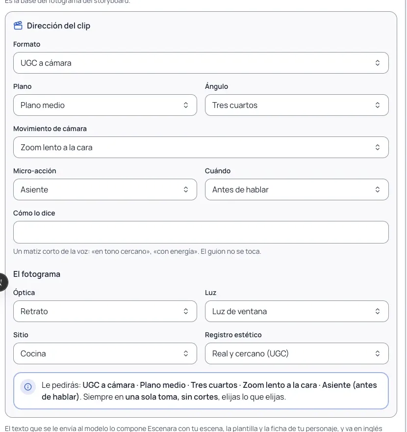 Panel de dirección de una escena