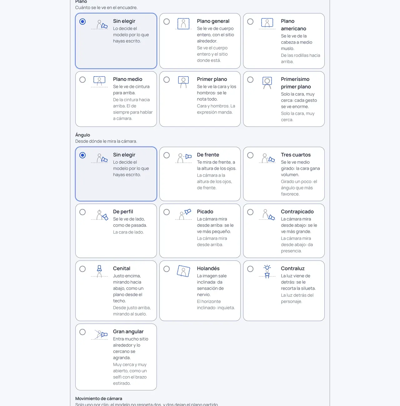Pictogramas de plano, ángulo y movimiento