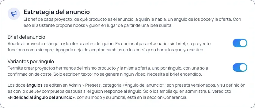 Estrategia del anuncio en Admin › Ajustes