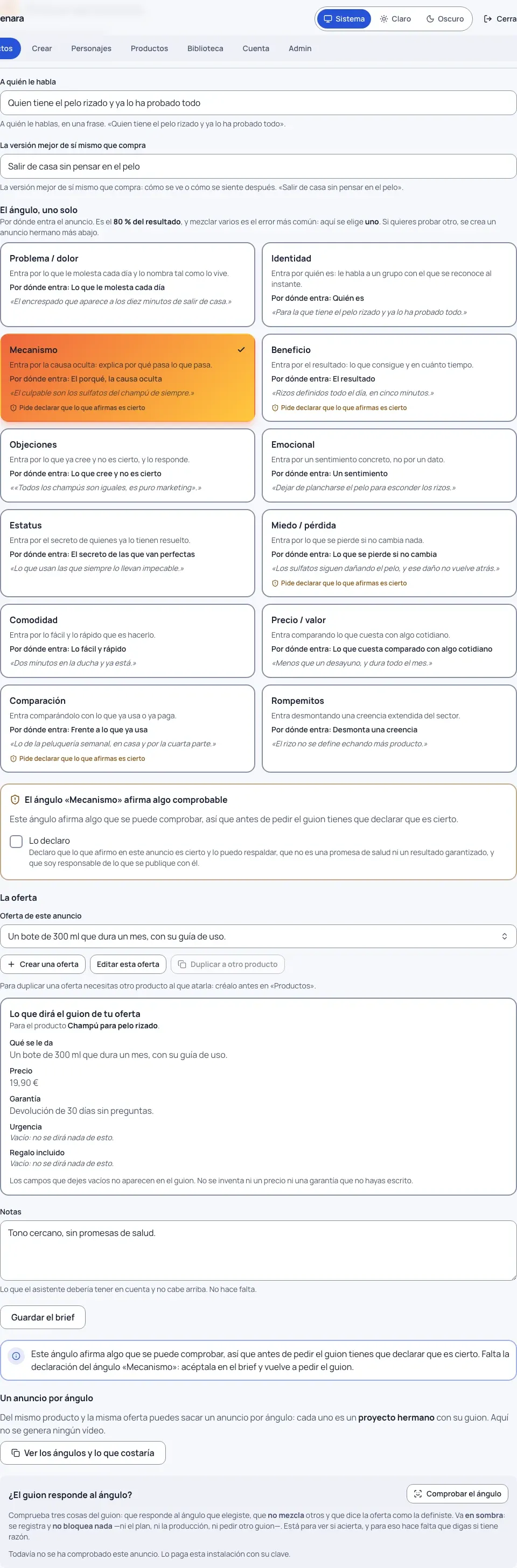 El brief del anuncio en un proyecto (captura anterior a la barra de pasos de la 0.33.0)