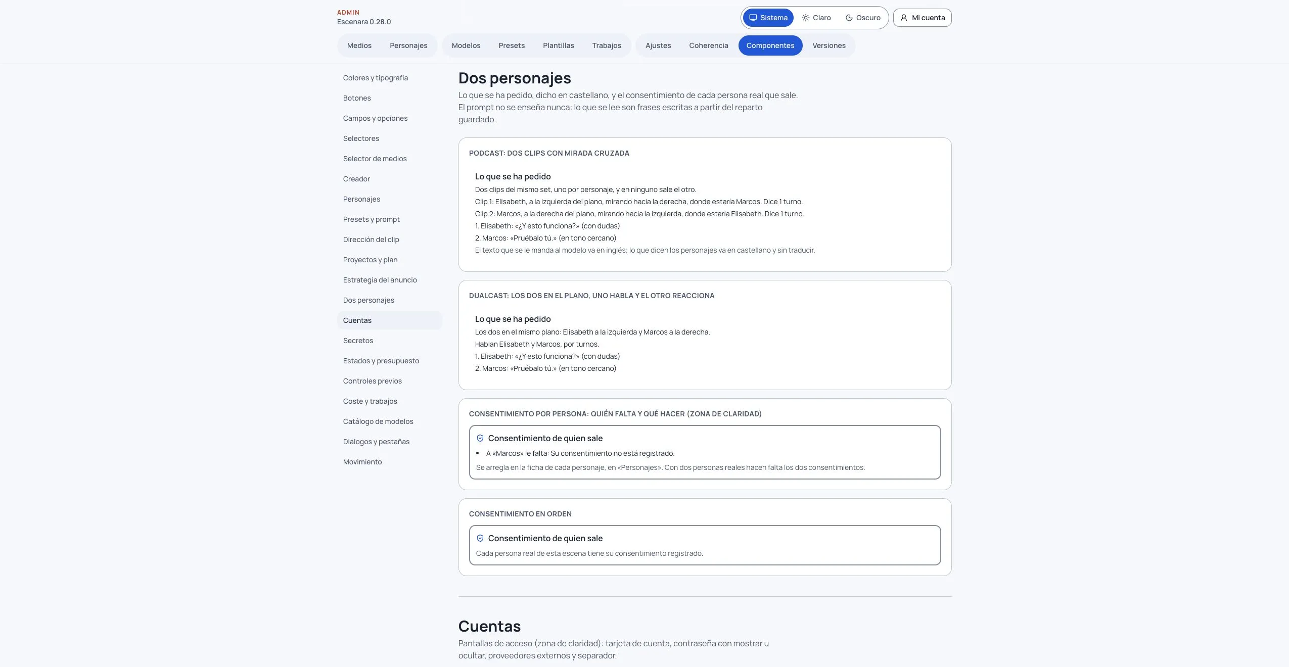 Vista previa del reparto y del consentimiento por personaje