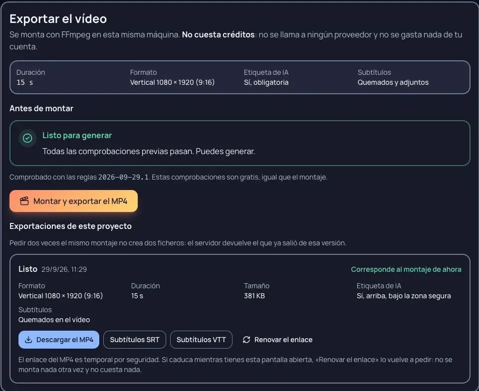 Exportación lista para descargar, con subtítulos y etiqueta