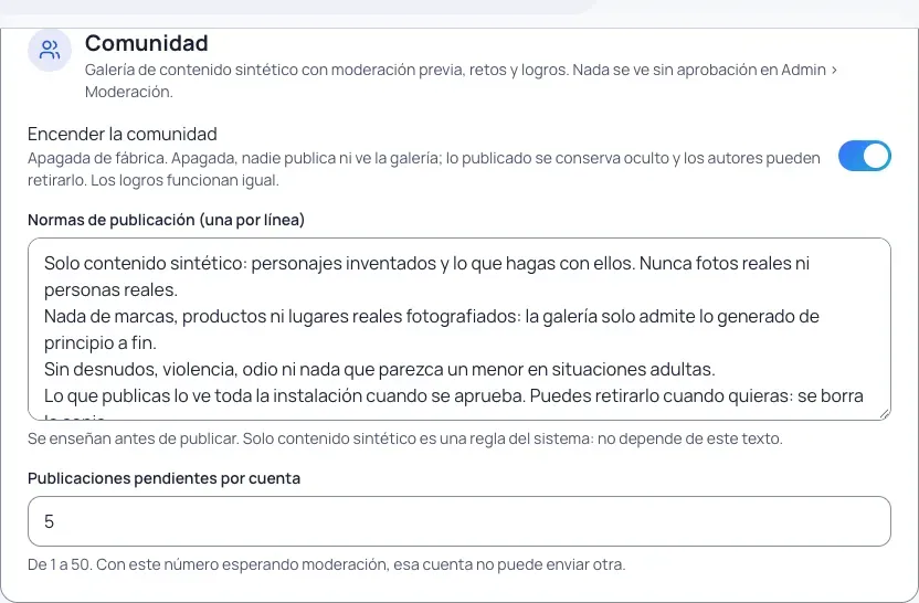Admin › Ajustes › Comunidad: el interruptor encendido, las normas de publicación de fábrica y el tope de pendientes por cuenta