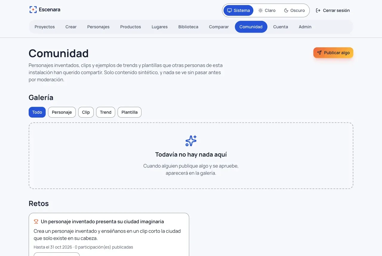 Comunidad encendida: la galería con sus filtros, todavía vacía, y un reto abierto
