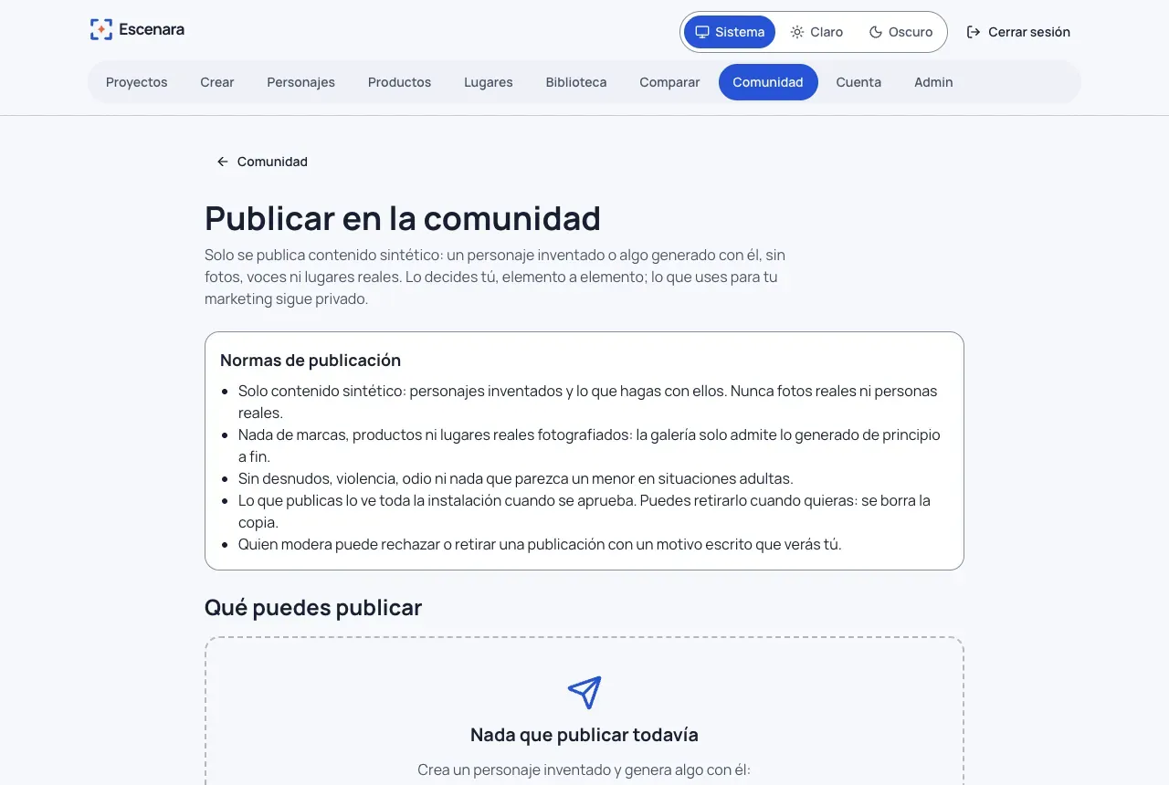 Publicar en la comunidad: las normas de publicación de la instalación y la lista de lo que puedes publicar, todavía vacía