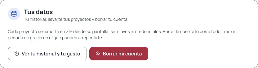 El bloque «Tus datos» de Tu cuenta, con «Ver tu historial y tu gasto» y «Borrar mi cuenta»