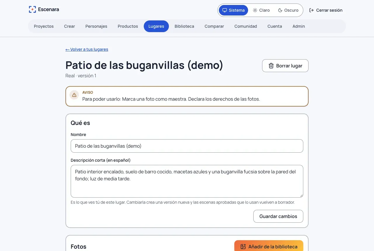 Ficha de un lugar recién creado: el aviso de lo que falta para usarlo, su nombre y su descripción