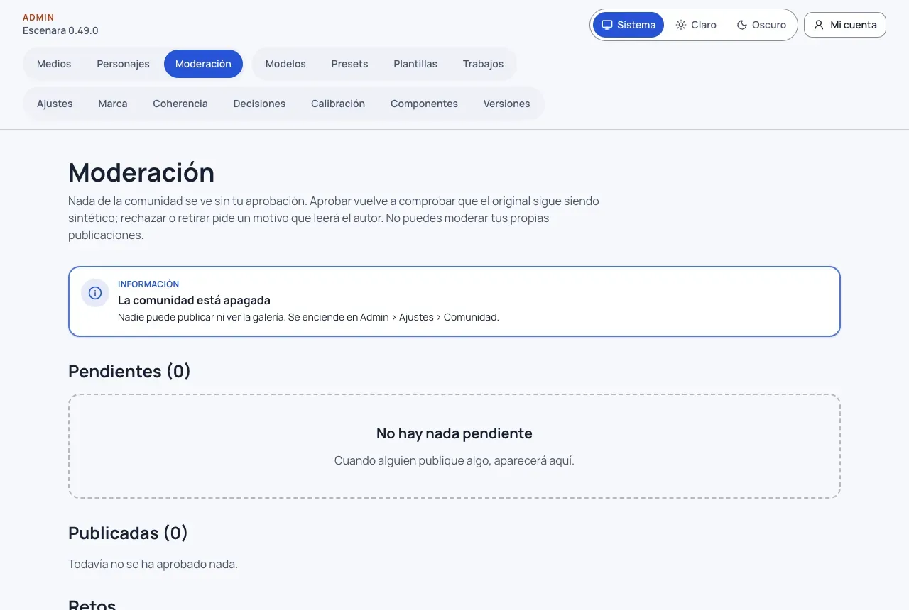Admin › Moderación con la comunidad apagada: el aviso de dónde se enciende y la cola de pendientes vacía