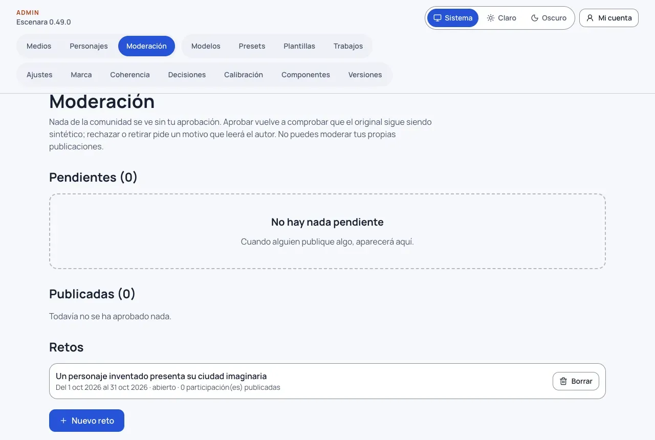 Admin › Moderación: pendientes y publicadas vacías, un reto abierto con su periodo y el botón «Nuevo reto»