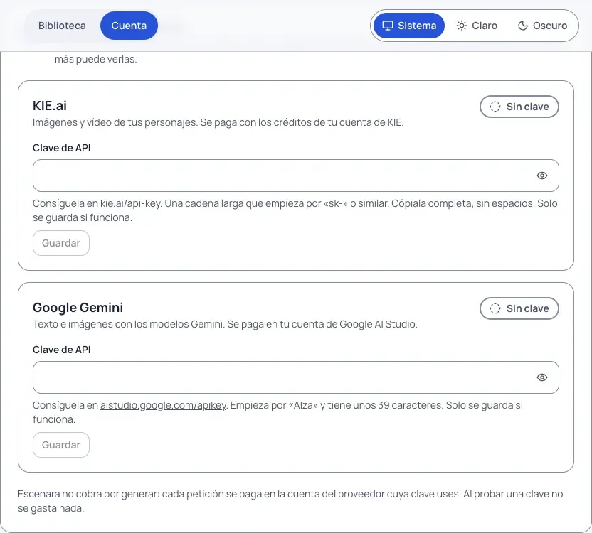 Tarjetas de KIE.ai y Google Gemini en Credenciales de IA, todavía sin clave, con el campo Clave de API y el enlace a donde conseguirla